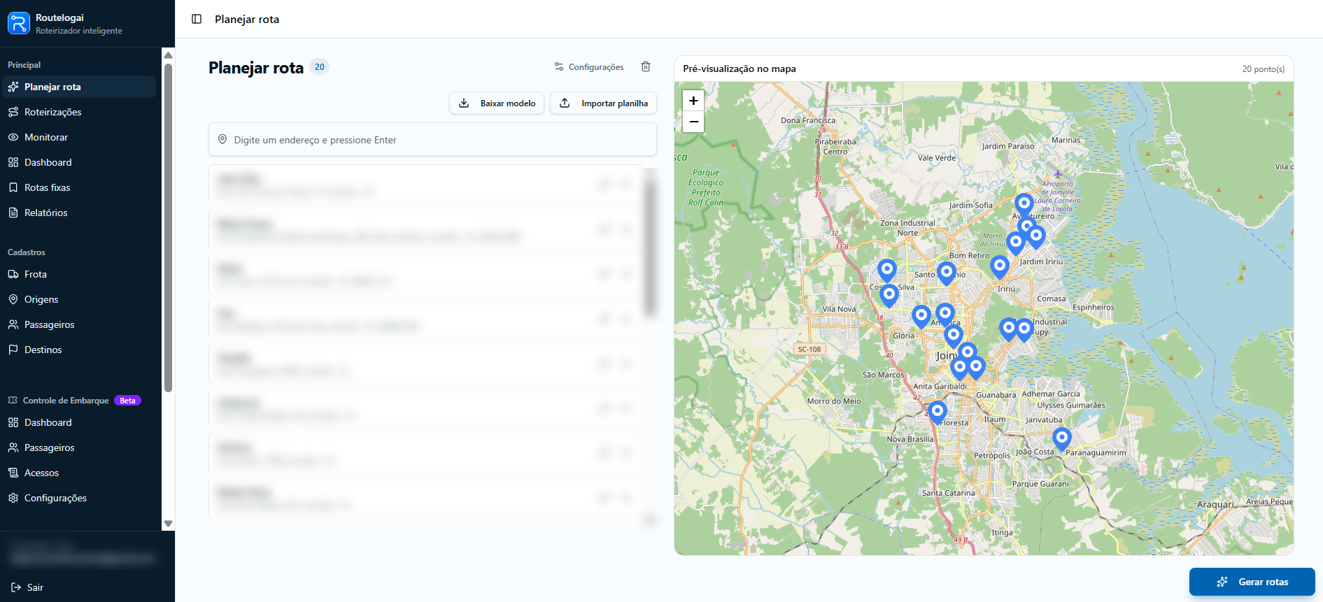 Tela de planejamento de rota da RoutelogAI com lista de passageiros e pré-visualização no mapa