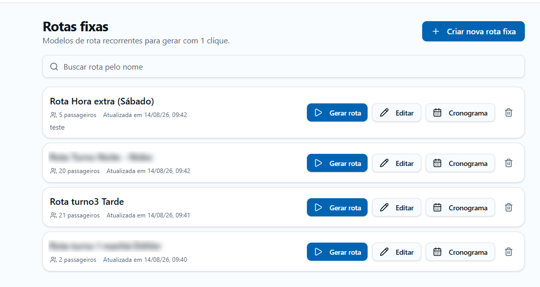 Tela de rotas fixas com modelos recorrentes e cronograma